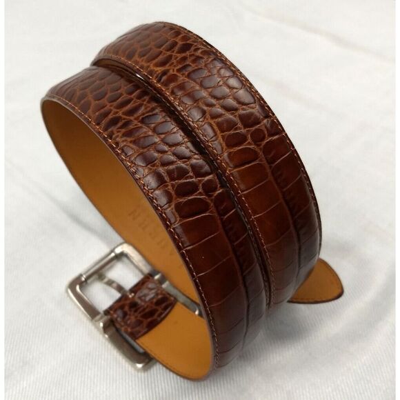LRL Ralph Lauren Belt Brown‎ Italian Leather Crocodile Embossed Logo Women's M - Picture 3 of 16